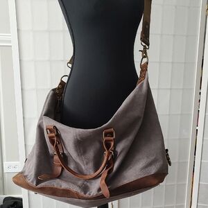 Stylish S-ZONE Gray Canvas & Brown Leather Travel Bag Crossbody Detachable Strap